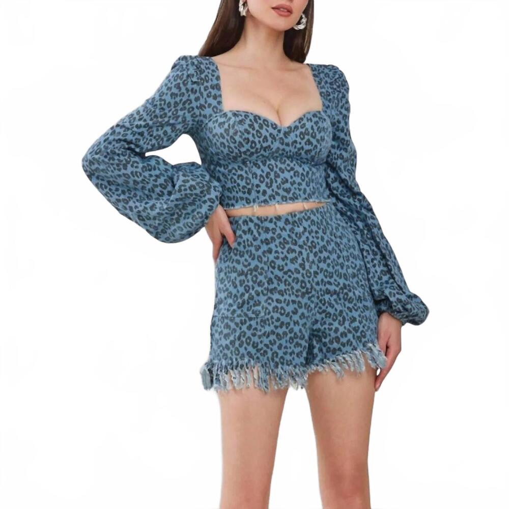 NEW THE SANG wild side leopard print denim short set in blue